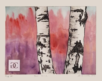 Twin Birch: Original Varied Limited Edition, #12 of 15, Black & White Drypoint Intaglio Print with Hand-Painted Chine Collè background