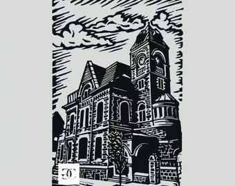 Old Post Office, Original Black & White Linocut Relief Print, Hand-printed Cambridge Heritage Building Art Print, Printmaking