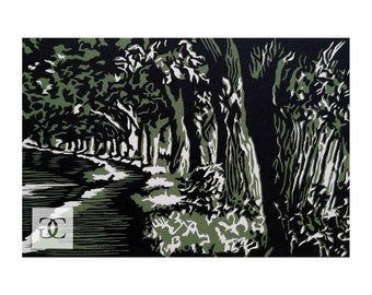 Shaded Path: Original, Limited Edition, Black, Orange, Green, Hand-carved, Linocut Reduction Print