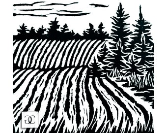 Northern Harvest, Original Black & White Linocut Relief Print, Hand-Printed Muskoka Field Forest Art Print, Limited Edition Printmaking