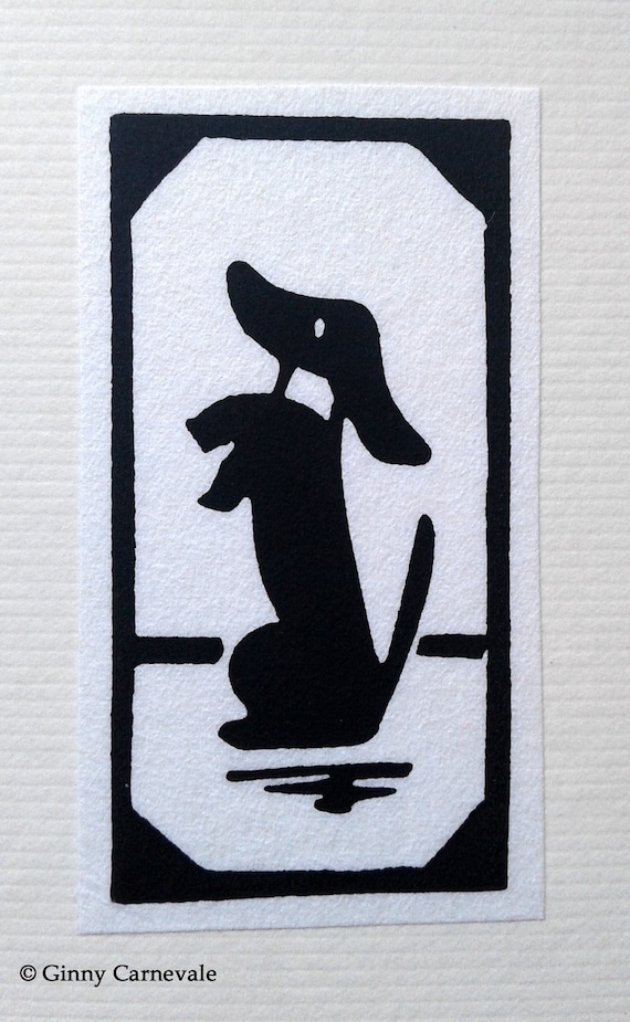 Dachshund Dog Begging Blank Greeting Card, Hand-printed Original Hand-made  Black White Linocut Relief Print Card, printmaking