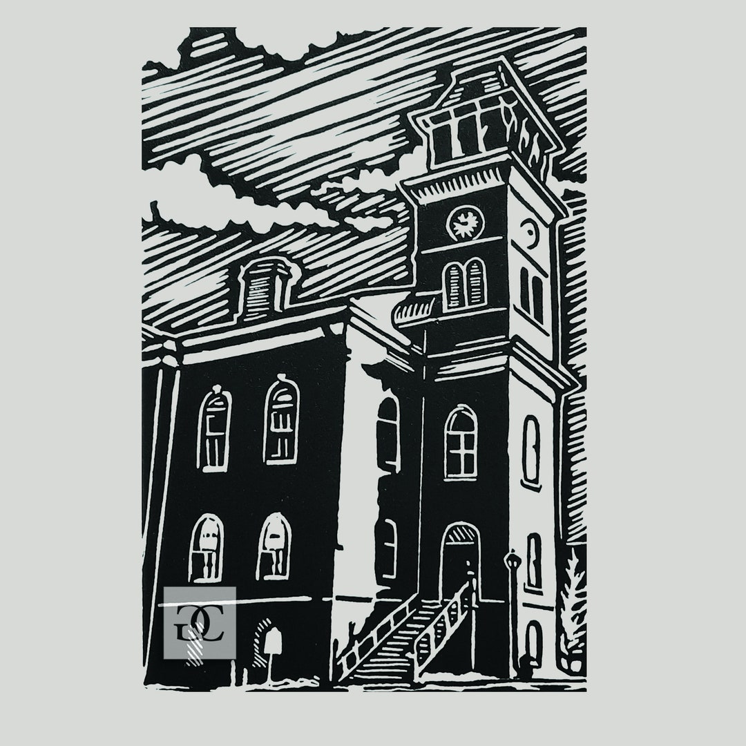Galt City Hall , Original Black & White Linocut Relief Print, Hand