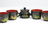 Vintage russian samovar w cups saucer wood handmade teapot painted.
