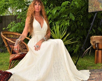 Beach Wedding, Gypsy, Boho, Hippy, Unbleached Natural Cotton, Off white,  Lillian Maxi Halter