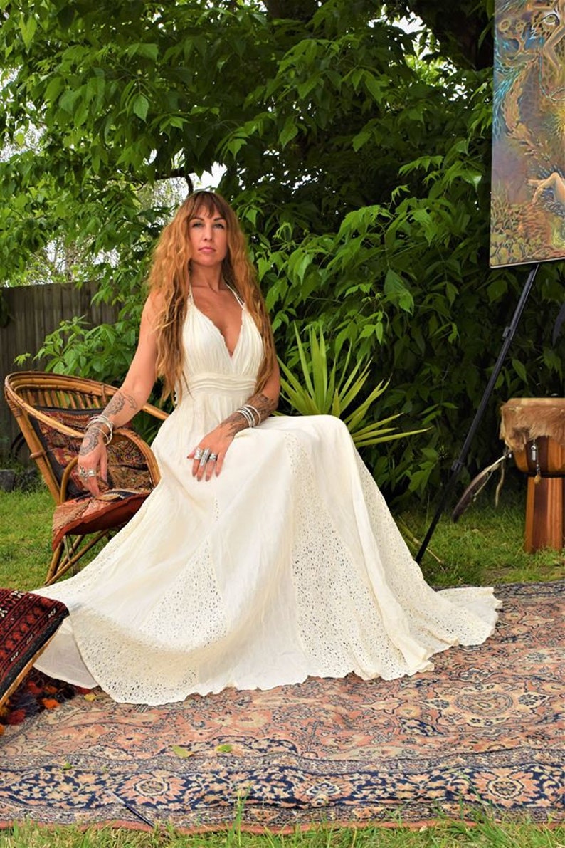 Beach Wedding, Gypsy, Boho, Hippy, Unbleached Natural Cotton, Off white, Lillian Maxi Halter image 1