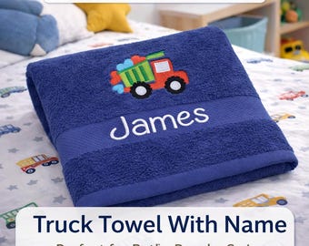 Personalised Embroidered Kids Vehicle Towel | Fire Truck, Digger, Dump Truck & Monster Truck | Custom Name Bath Beach Towel Australia