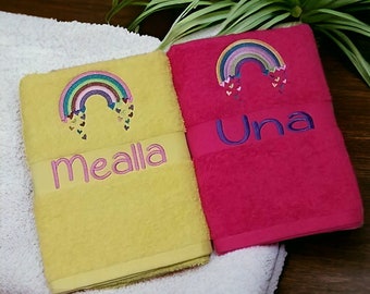 Rainbow Hearts Embroidered Plush Bath Towel - Personalise With Any Name