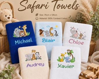 Personalised Safari Towel for Kids, Embroidered Animal Bath Towel, Custom Name Towel, Baby & Toddler Gift, 100% Cotton
