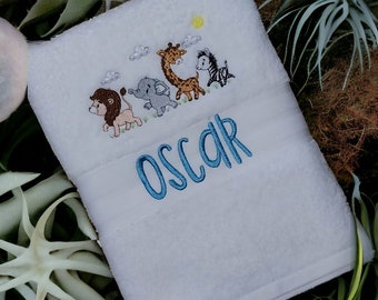 Marching Safari Animals Personalised Embroidered Baby, Children's Bath Towel-Many Gorgeous Designs To Choose From- Personalise With Any Name