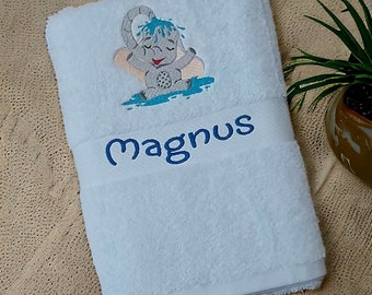 Personalised Embroidered Elephant Design Children's Plush Bath Towel - Personalise With Any Name