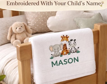 Personalised Safari Animals Embroidered Cotton Kids Towel – Custom Name Bath Pool