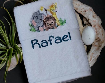 Safari Animals Embroidered Baby, Children's Plush Bath Towel - Personalise With Any Name