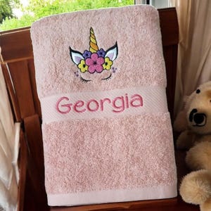 Children&#39;s Personalised Embroidered Plush Unicorn Bath Towel - Personalise With Any Name