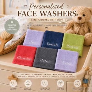 May include: Six rectangular face washers in red, dark grey, light purple, dark blue, and lime green, each embroidered with a white name. The text reads Personalised FACE WASHERS, EMBROIDERED WITH LOVE, CUSTOM NAME EMBROIDERED, and THE PERFECT GIFT.