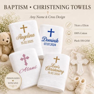 May include: Four white cotton towels featuring embroidered crosses and personalised names with dates. The towels measure 70cm x 135cm and are 550 GSM. Text includes BAPTISM CHRISTENING TOWELS, Any Name & Cross Design, and PERSONALISED WITH LOVE.