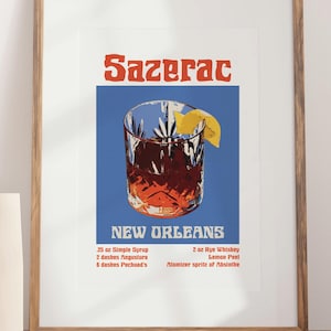 Póster vintage de cóctel Sazerac, impresión artística de pared con receta de whisky para bar, regalo para amantes del bourbon, decoración retro de Nueva Orleans, barman de mixología