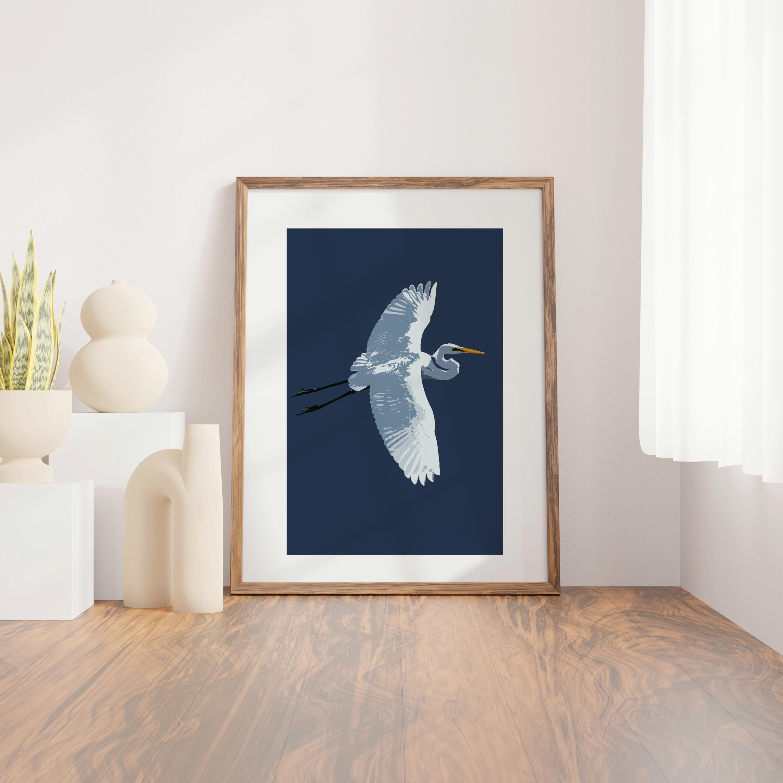 Great Egret Minimalist Art Print, Navy & White Wall Art, Coastal Bird Illustration, Modern Nature Decor, Elegant Office Art, Wildlife Lover