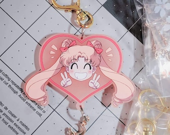 Chibi Usagi 2.5&quot; transparent pink acrylic keychain w/ gold wand charm