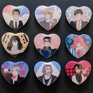 oyaji heart pin badge - reigen arataka, aizawa shouta, maes hughes, hank anderson, kotetsu kaburagi, and more!