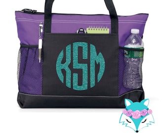 Torba typu tote z monogramem, z kieszeniami, personalizowana, do noszenia, płótno, brokat, prezent