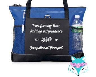 Occupational Therapy Therapist Tote Bag, OT Gift, Carryall, Canvas, Pockets, Zipper, Gift