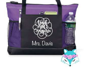 Personalized Teacher Bag With Name, Teacher Gift, Teach Love Inspire, Tote Bag, Canvas, Zippered, Heavy tote bag, Carryall