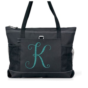 Custom Initial Zipper Tote Bag mit Taschen, personalisiert, Carryall, Canvas, Glitter, Geschenk