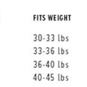 May include: A size chart for toddler clothing showing the corresponding weight and length for each size. The sizes are 2T, 3T, 4T, and 5T. The weight is listed in pounds and the length is listed in inches.