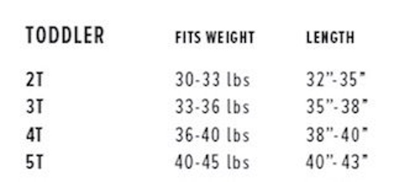 May include: A size chart for toddler clothing showing the corresponding weight and length for each size. The sizes are 2T, 3T, 4T, and 5T. The weight is listed in pounds and the length is listed in inches.