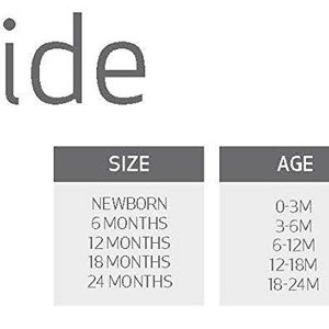 May include: Infant size guide chart with columns for size, age, height in inches, and weight in pounds. The chart shows sizes from newborn to 24 months, with corresponding age ranges, height ranges, and weight ranges.