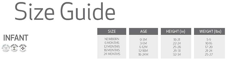 May include: Infant size guide chart with columns for size, age, height in inches, and weight in pounds. The chart shows sizes from newborn to 24 months, with corresponding age ranges, height ranges, and weight ranges.
