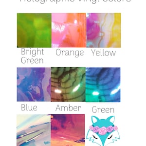 May include: A chart showing different holographic vinyl colors. The colors include bright green, orange, yellow, blue, amber, green, white, and pink.