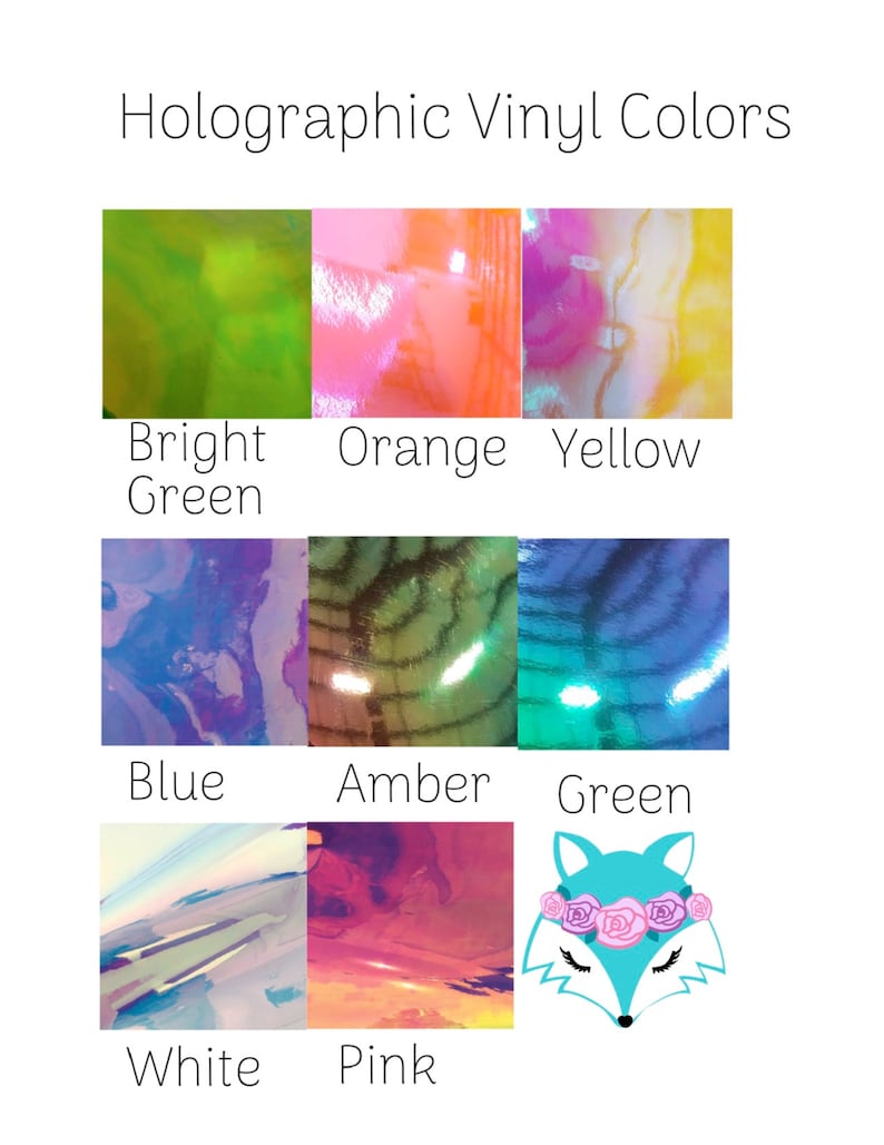May include: A chart showing different holographic vinyl colors. The colors include bright green, orange, yellow, blue, amber, green, white, and pink.