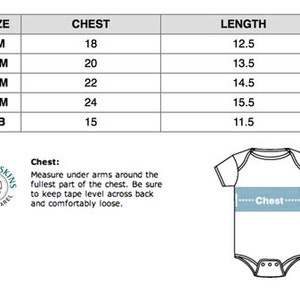 May include: Size chart for baby onesies, showing chest and length measurements in inches for sizes 6M, 12M, 18M, 24M, and NB.