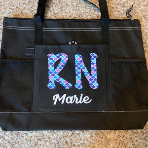 Registered Nurse RN LPN CNA cma Personalized Monogram Zipper Tote Bag with pockets, Personalized, Carryall, Canvas, Glitter, Gift
