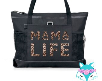 Torba typu tote Mama Life z nadrukiem w panterkę, prezent na dzień matki, mama, mamusia, żona, płótno, zamek błyskawiczny, ciężka torba, kieszenie, torba podróżna