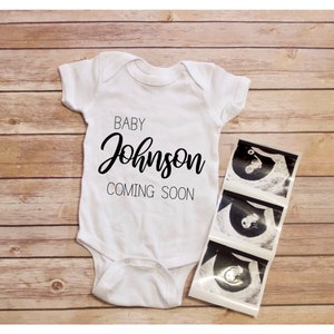 Personalized Baby Last Name Pregnancy Announcement Bodysuit | Coming Soon