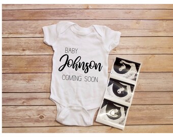 Personalized Baby Last Name Pregnancy Announcement Bodysuit | Coming Soon