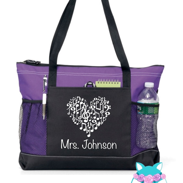 Personalized Music Teacher Student Bag With Name, Piano Gift, Musical Notes, Treble, Tote Bag, Canvas, Zippered, Heavy tote bag, Carryall