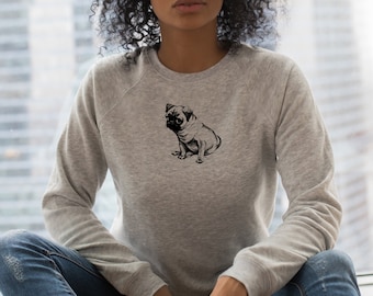 Mops Damen Sweatshirt Hunde Pulli Langarm Raglan mit Hunde Motiv Kopfhörer Geschenke für Frauen witzige junge Mode