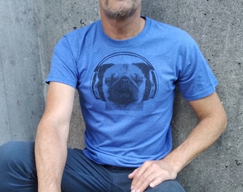 Hunde T Shirt Mops, Mops mit Kopfhörer, Musik, Geschenke für Männer Kollegen, Farky, alternative Mode