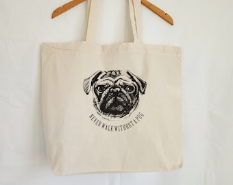 Jute bag carrying bag with MOPS drawn with long handles dogs animal lovers designed by Farky