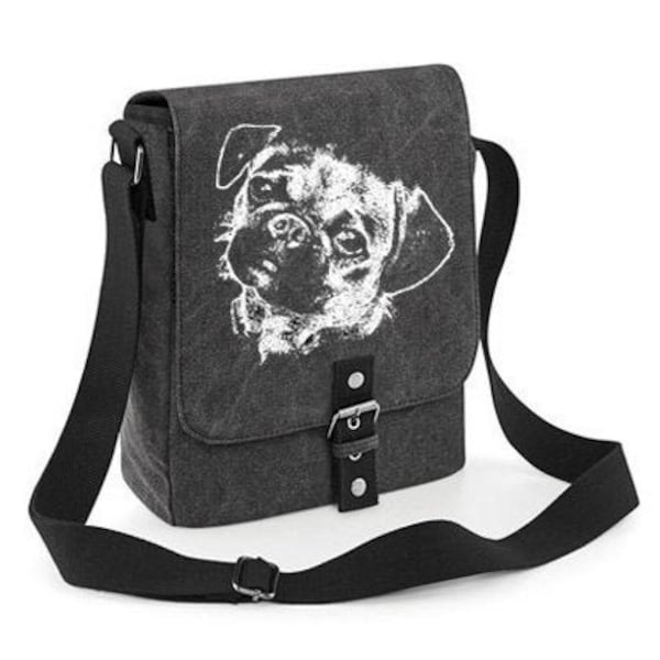 Mops Tasche Reporter, für Tablet PC gepolstert, crossbody tasche breiter gurt Hundefans Canvas Hunde Tasche mit Mops Motiv, Vintage