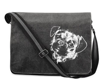 Messenger Schultertasche crossbody tasche breiter Gurt Vintage Kuriertasche Canvas Hunde Tasche mit Mops Motiv für Mops Liebhaber, Hunde