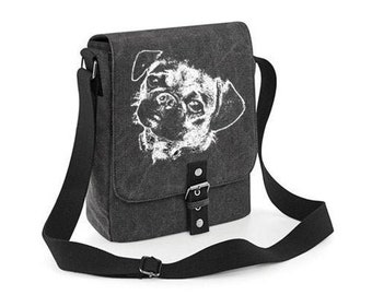 Mops Tasche Reporter, für Tablet PC gepolstert, crossbody tasche breiter gurt Hundefans Canvas Hunde Tasche mit Mops Motiv, Vintage