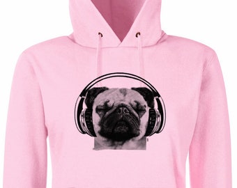 Mops Damen Sweatshirt Hunde Pulli Langarm Raglan mit Hunde Motiv Kopfhörer Geschenke für Frauen witzige junge Mode