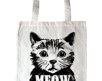 Jute bag CAT MEOW /Bag with long handles, carrying bag lined cat motif