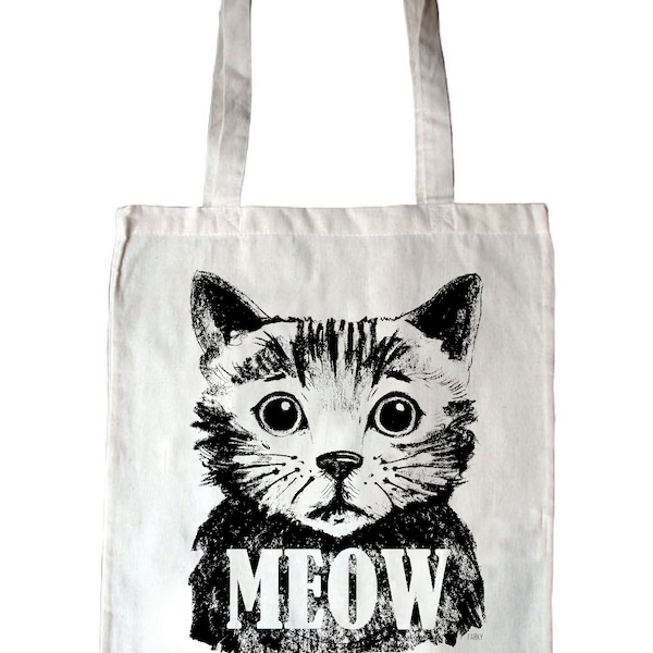 Sac en jute CAT MEOW / Sac à longues poignées, sac de transport doublé motif chat