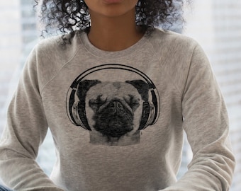 Pug Women's Sweatshirt Dogs Sweater Long Sleeve Raglan with Dog Motif Headphones Gifts for Women Funny Young Fashion