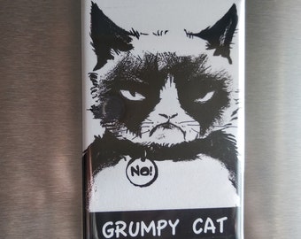 Magnet "GRUMPY CAT", Metallmagnet eckig für Kühlschrank oder Magnettafel, Yoga, Maße 44mm x 68mm gezeichnet